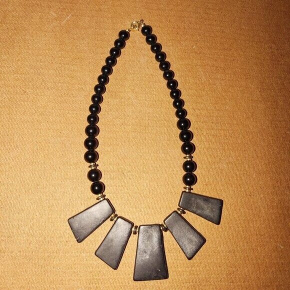Black Beaded Necklace W/Geometric Multicolor Stone Pendants & Gold Accents -VTG - Picture 2 of 4